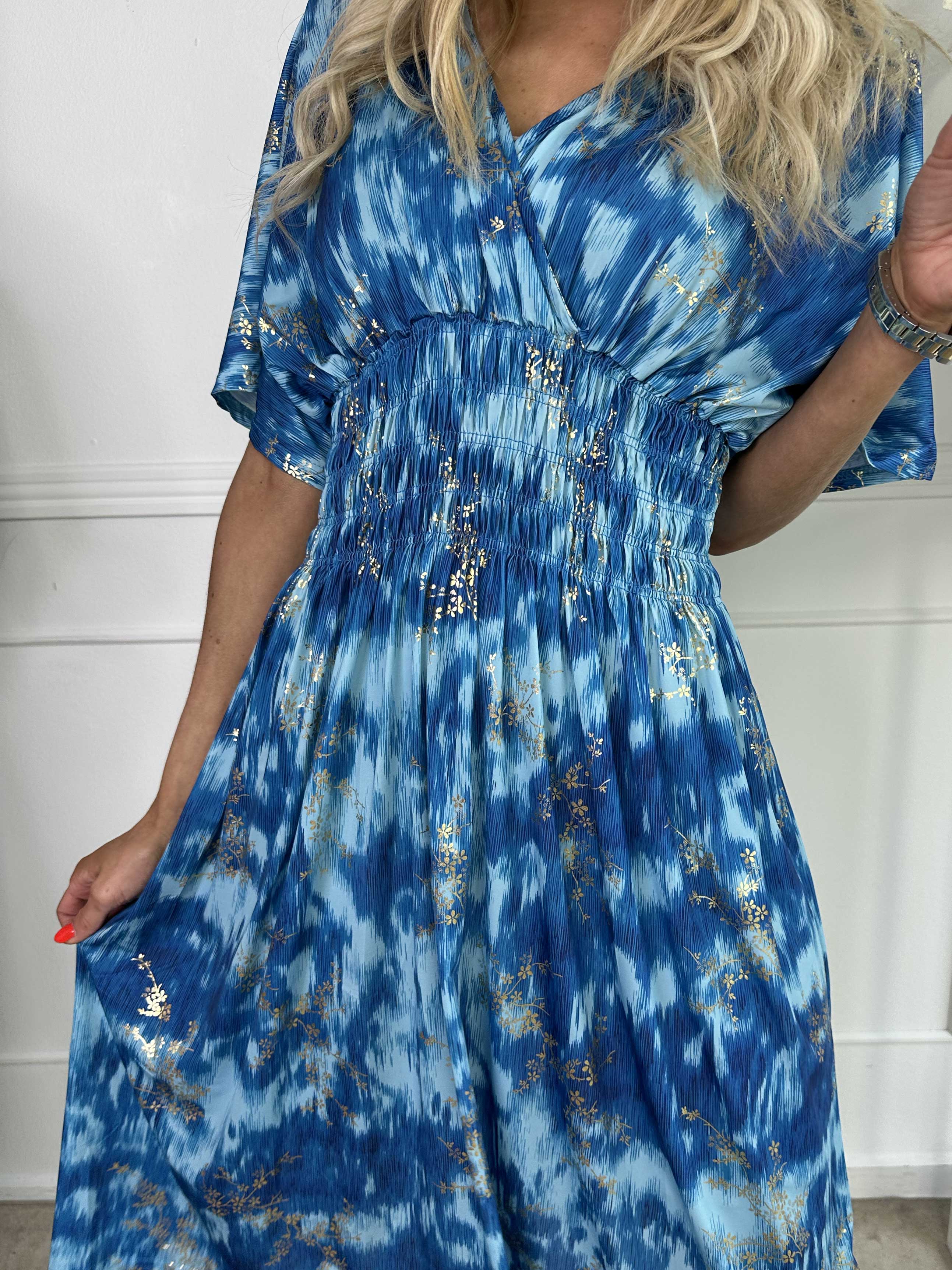 Pams Art Short - Mønstret elastisk kjole med guld blomster